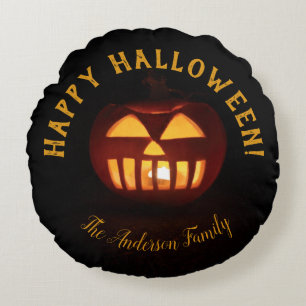 Happy Halloween Jack O Lantern Orange Pumpkin Round Cushion