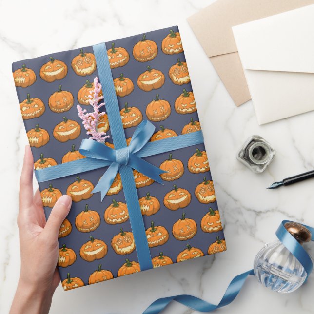 Happy Halloween Jack O Lantern Pixel Pumpkins Wrapping Paper (Gifting)