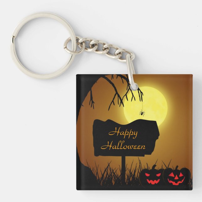 Happy Halloween Jack O Lantern Pumpkins Key Ring (Front)