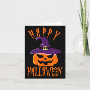 Happy halloween jack o lantern witch hat trick or card