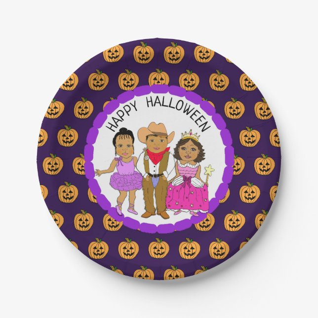 Happy Halloween Kid's in Costumes Party Paper Plate (Front)