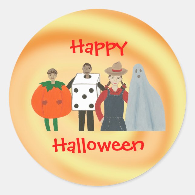 Happy Halloween Kids in Costumes Stickers (Front)