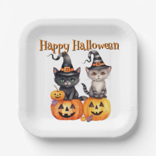 Happy Halloween KITTENS & PUMPKINS on White Paper Plate