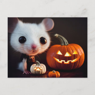 Happy Halloween. Kleine niedliche Maus mit Kürbis. Postcard