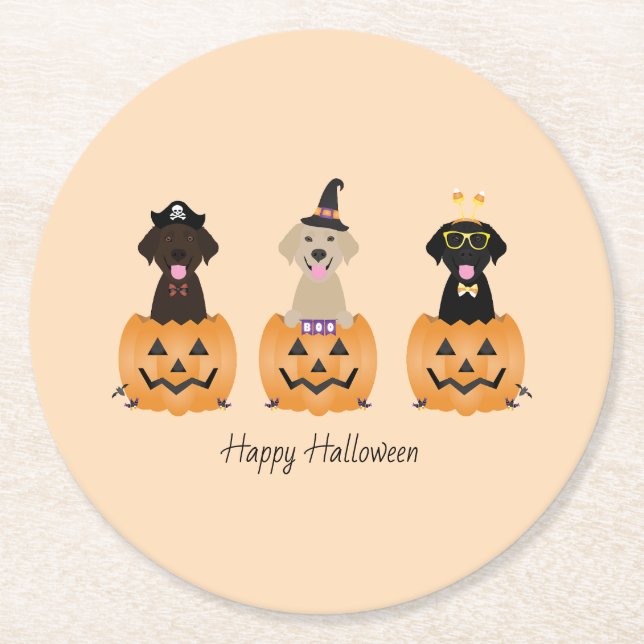 Happy Halloween Labrador Retriever Dogs Pumpkin Round Paper Coaster (Front)