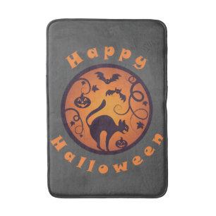 Happy Halloween lantern black cat spiders and bats Bath Mat