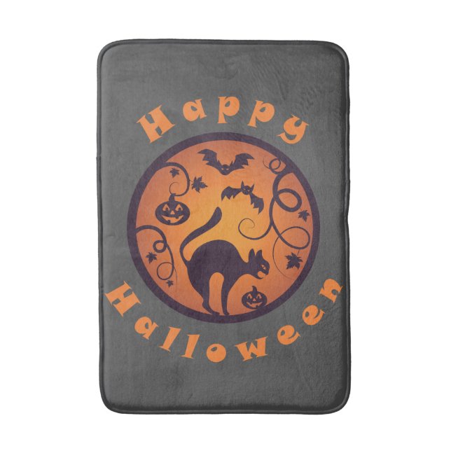 Happy Halloween lantern black cat spiders and bats Bath Mat (Front Vertical)