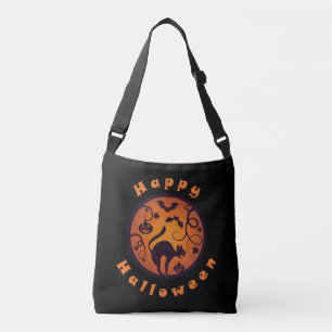 Happy Halloween lantern black cat spiders and bats Crossbody Bag