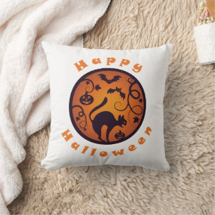 Happy Halloween lantern black cat spiders and bats Cushion
