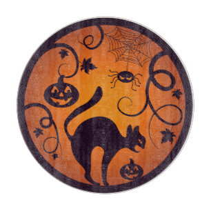 Happy Halloween lantern black cat spiders and bats Cutting Board