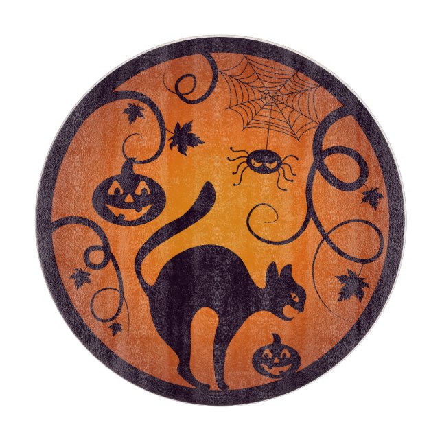 Happy Halloween lantern black cat spiders and bats Cutting Board (Front)