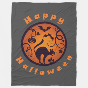 Happy Halloween lantern black cat spiders and bats Fleece Blanket