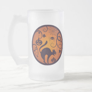Happy Halloween lantern black cat spiders and bats Frosted Glass Beer Mug