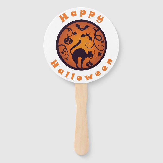 Happy Halloween lantern black cat spiders and bats Hand Fan (Front)