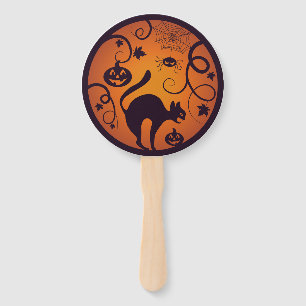 Happy Halloween lantern black cat spiders and bats Hand Fan