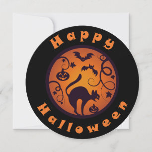 Happy Halloween lantern black cat spiders and bats Holiday Card