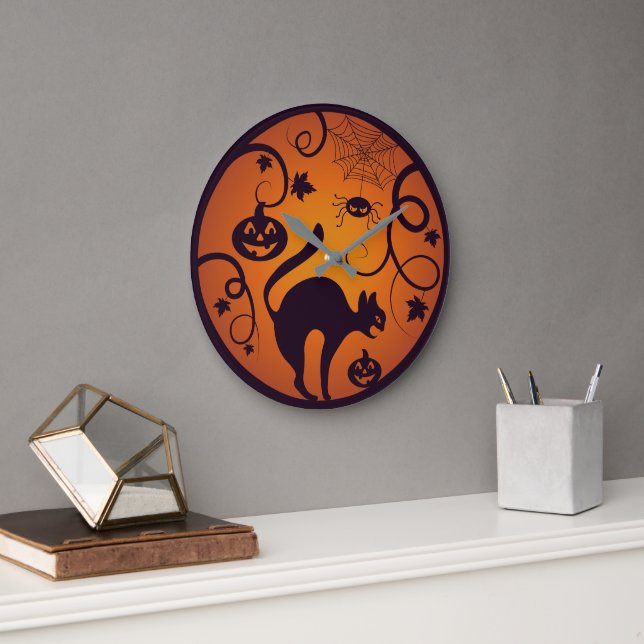 Happy Halloween lantern black cat spiders and bats Large Clock (Office)