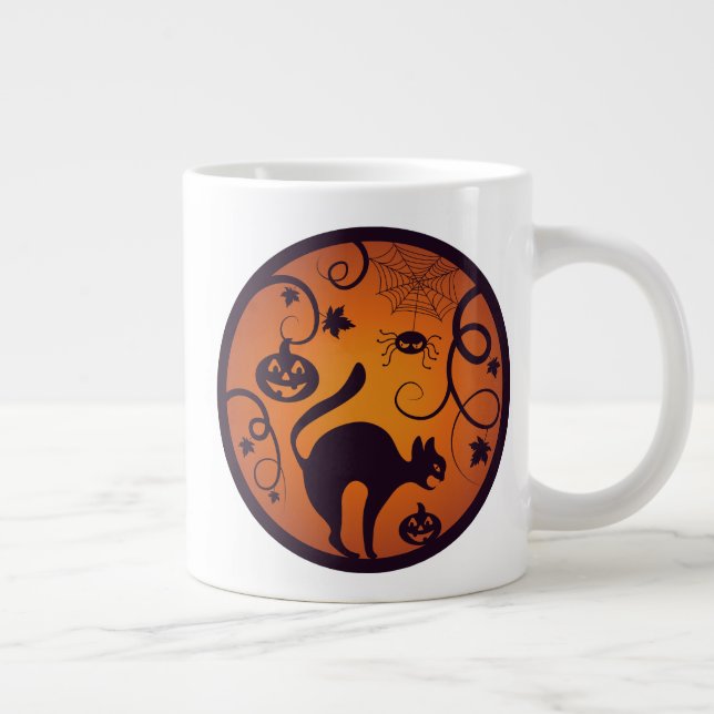 Happy Halloween lantern black cat spiders and bats Large Coffee Mug (Right)