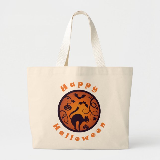 Happy Halloween lantern black cat spiders and bats Large Tote Bag (Front)