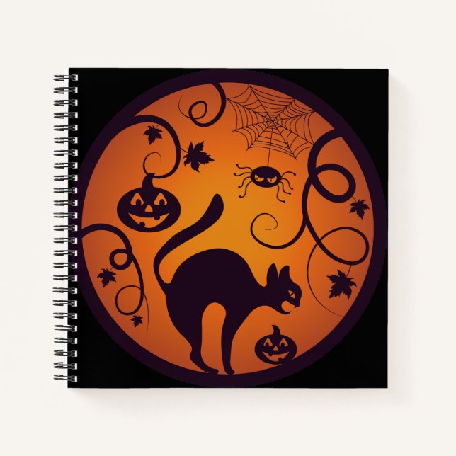 Happy Halloween lantern black cat spiders and bats Notebook (Front)
