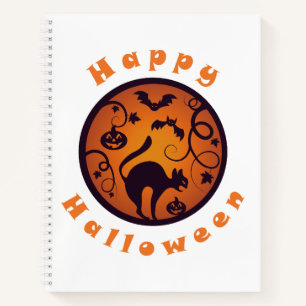 Happy Halloween lantern black cat spiders and bats Notebook