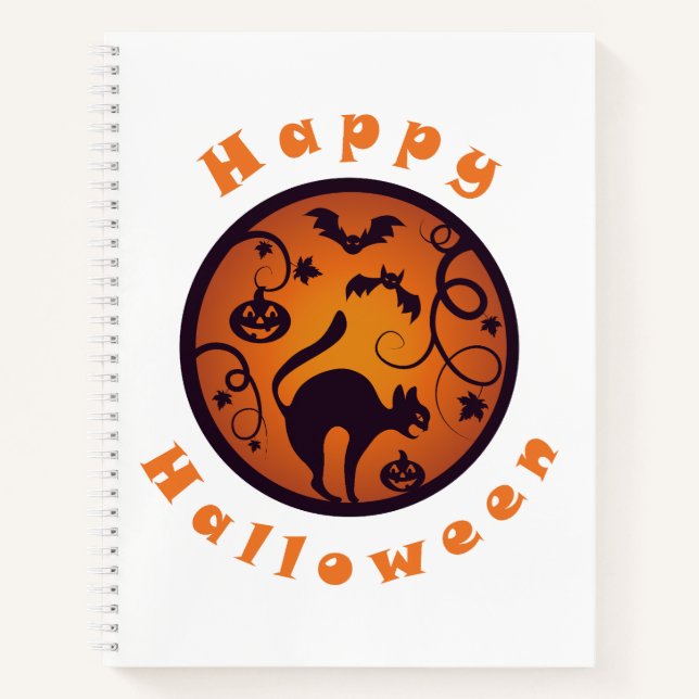 Happy Halloween lantern black cat spiders and bats Notebook (Front)
