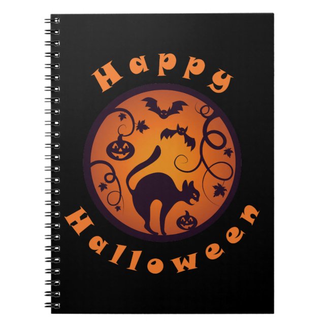 Happy Halloween lantern black cat spiders and bats Notebook (Front)