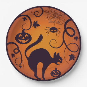 Happy Halloween lantern black cat spiders and bats Paper Plate