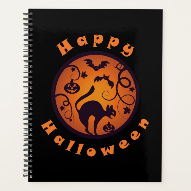 Happy Halloween lantern black cat spiders and bats Planner (Front)