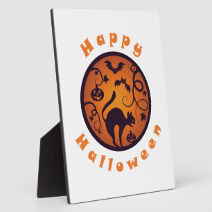 Happy Halloween lantern black cat spiders and bats Plaque