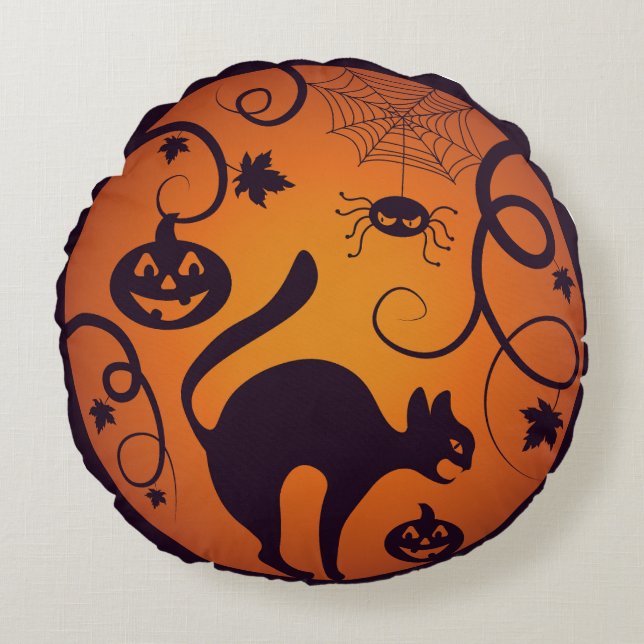 Happy Halloween lantern black cat spiders and bats Round Cushion (Front)
