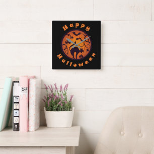 Happy Halloween lantern black cat spiders and bats Square Wall Clock
