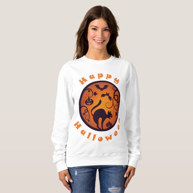 Happy Halloween lantern black cat spiders and bats Sweatshirt (Front Full)