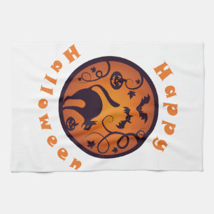 Happy Halloween lantern black cat spiders and bats Tea Towel