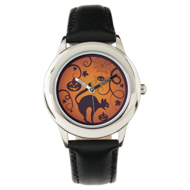 Happy Halloween lantern black cat spiders and bats Watch (Front)