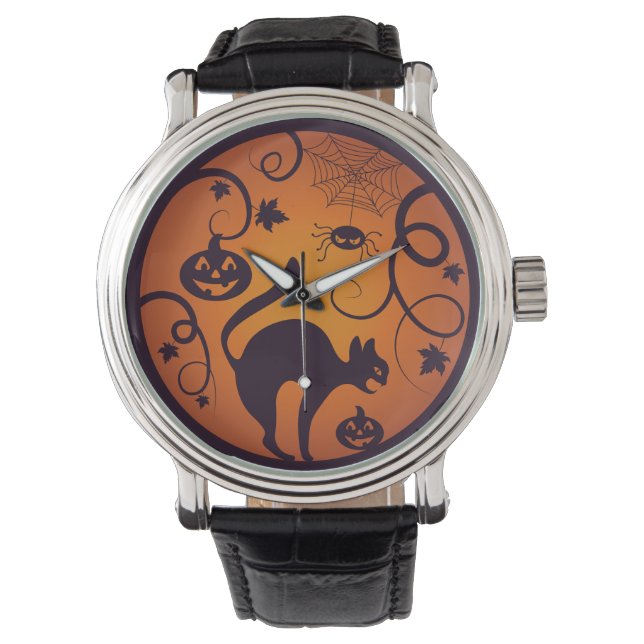 Happy Halloween lantern black cat spiders and bats Watch (Front)