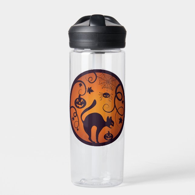 Happy Halloween lantern black cat spiders and bats Water Bottle (Front)