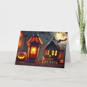 Happy Halloween Lantern,  Night Bats Flying  Card