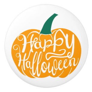Happy Halloween lettering on carved pumpkin Ceramic Knob