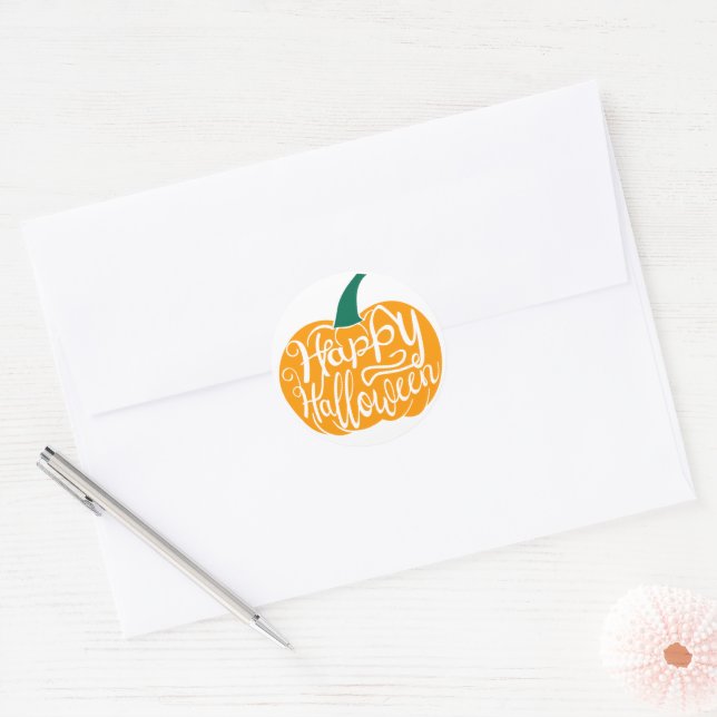 Happy Halloween lettering on carved pumpkin Classic Round Sticker (Envelope)