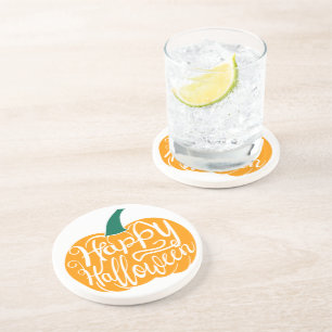Happy Halloween lettering on carved pumpkin Coaster