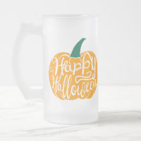 Happy Halloween lettering on carved pumpkin