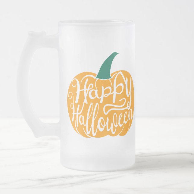 Happy Halloween lettering on carved pumpkin Frosted Glass Beer Mug (Left)