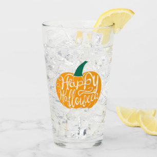 Happy Halloween lettering on carved pumpkin Glass