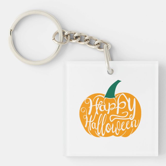 Happy Halloween lettering on carved pumpkin Key Ring (Front)
