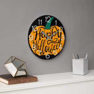 Happy Halloween lettering on carved pumpkin Large Clock