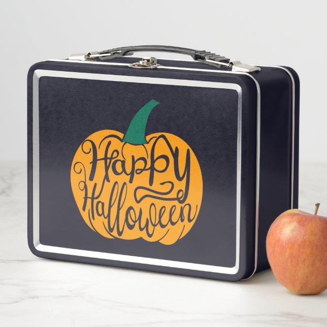 Happy Halloween lettering on carved pumpkin Metal Lunch Box (In Situ)