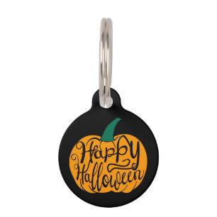 Happy Halloween lettering on carved pumpkin Pet Tag