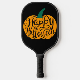 Happy Halloween lettering on carved pumpkin Pickleball Paddle