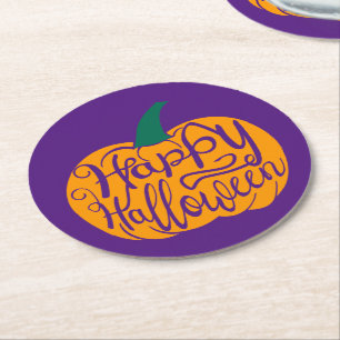Happy Halloween lettering on carved pumpkin Round Paper Coaster